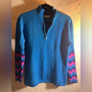 Wool Neve Ski Sweater Blue Pink 1/4 zip XL